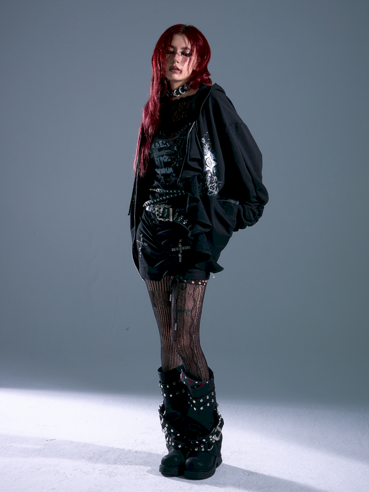 Ruffled Print Hoodie Cardigan【s0000013917】