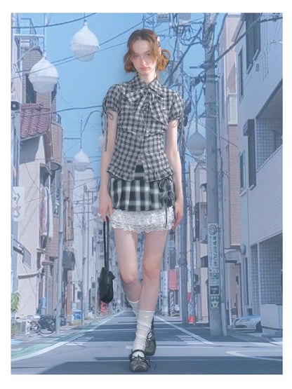 Doll Collar Bow Plaid Short Sleeve Shirt【s0000012264】