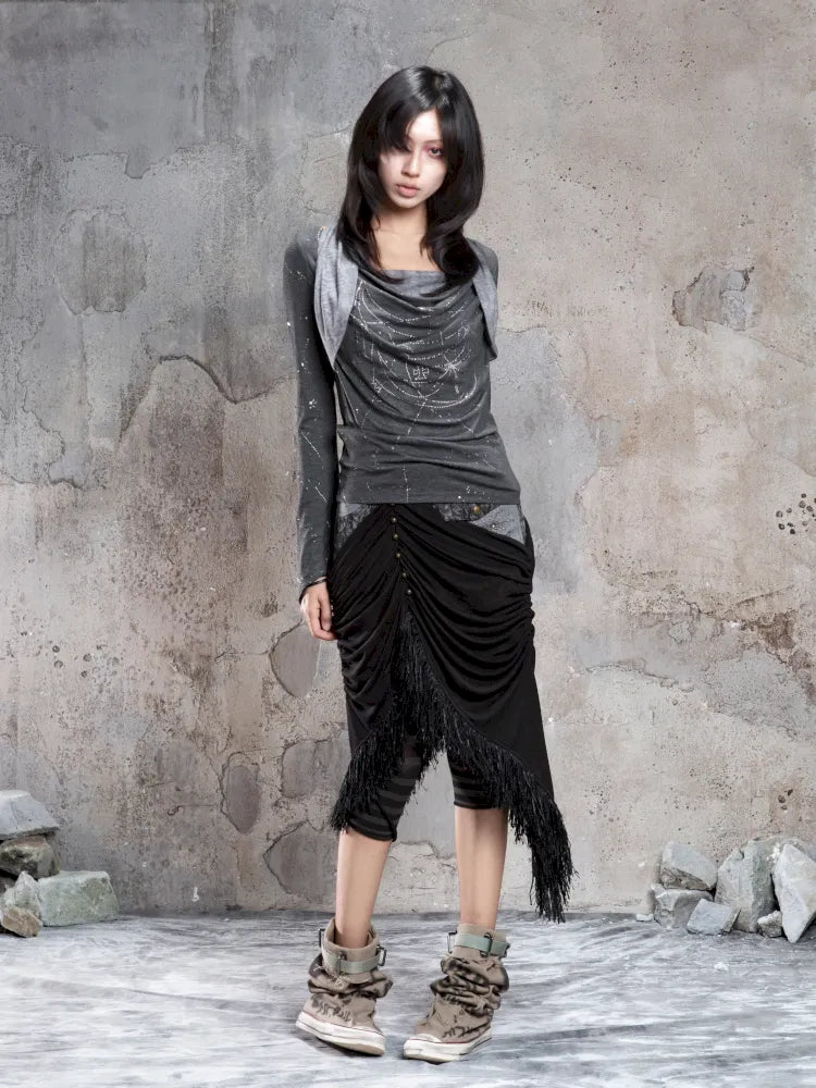 Asymmetric Knit Patchwork Drawstring Skirt【s0000014125】