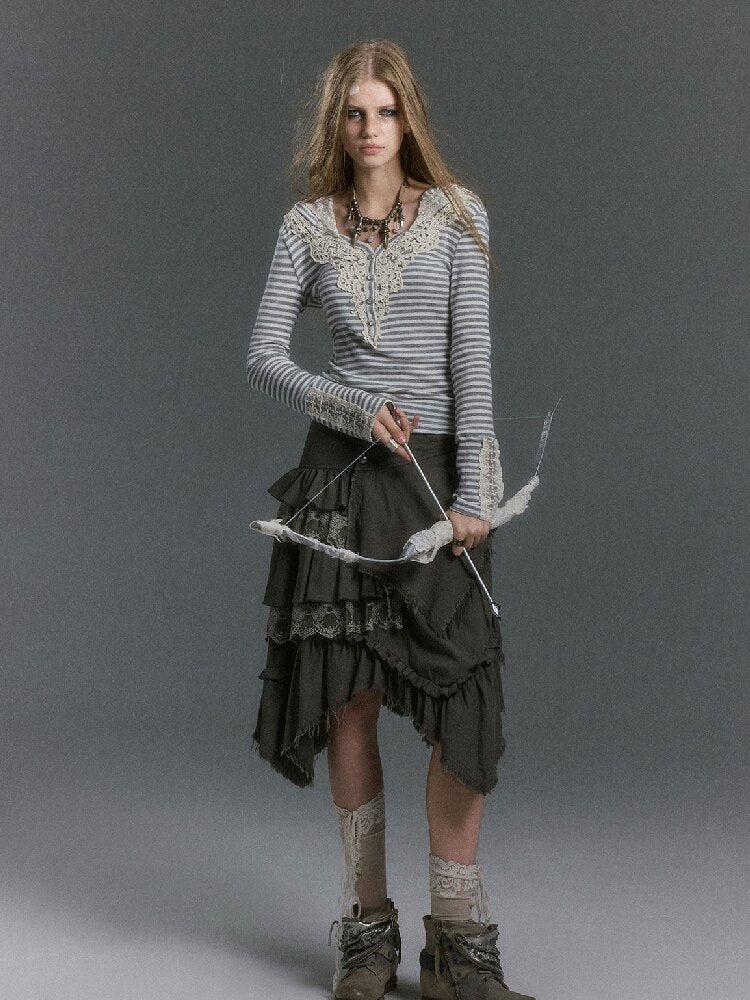 Lace Patchwork Striped Knit Top【s0000019240】
