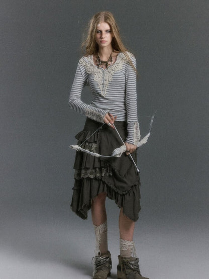 Lace Patchwork Striped Knit Top【s0000019240】