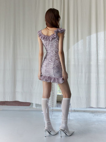 One Shoulder Ruffle Drawstring Dress【s0000013216】