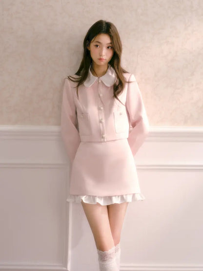 Doll Collar Short Jacket Flounce-Hem Bodycon Skirt【s0000014334】