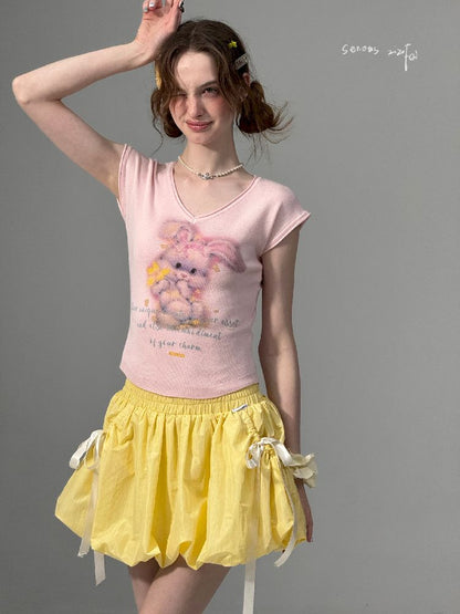 Rabbit Printing V-Neck Short Sleeve T-shirt【s0000012236】