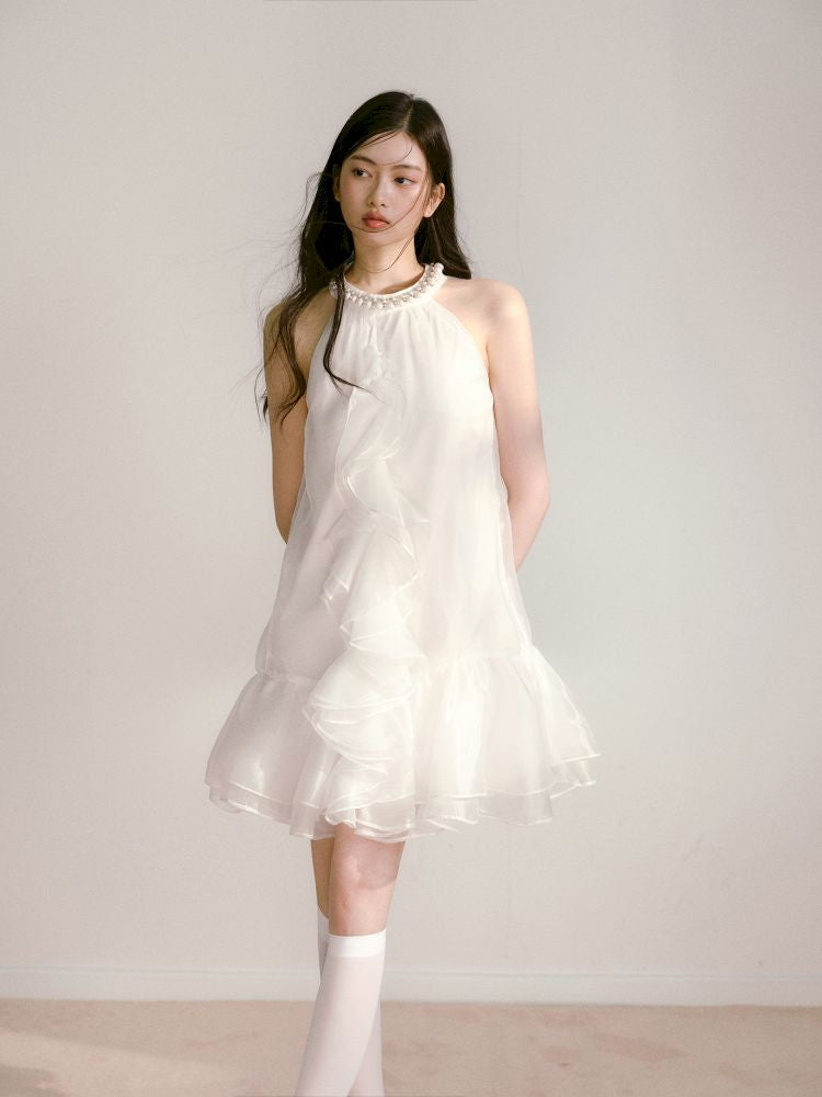 Bow Pearl Neckline Pom Pom Dress【s0000013243】