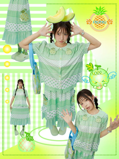 Melon Checkered Polka Dot Doll Collar Shirt Skirt【s0000013164】
