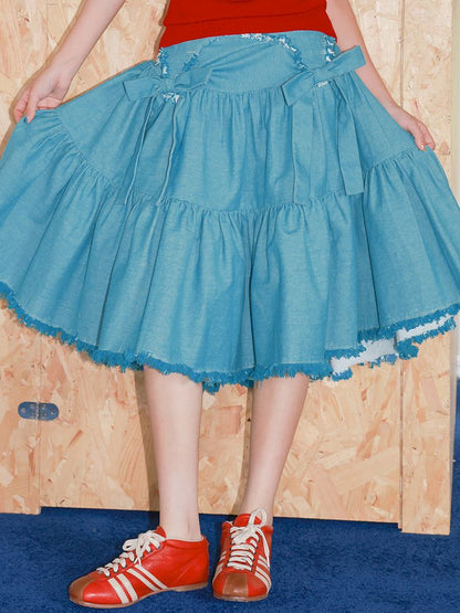 Bow Fringe Patchwork Denim Skirt【s0000013928】