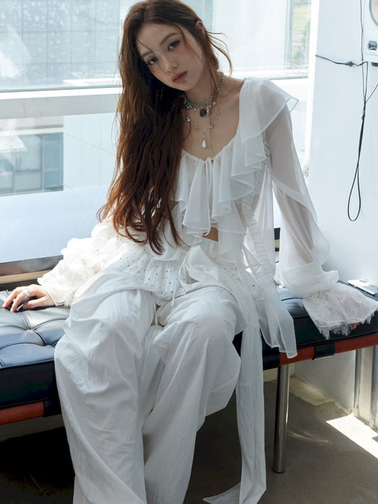 Ruffled airy skin sheer white shirt【s0000013225】