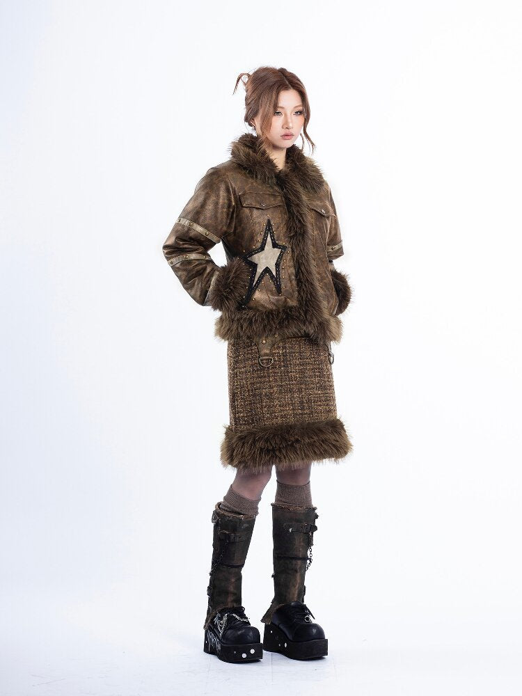 Patchwork PU Fur Rivet Skirt Set【s0000018047】
