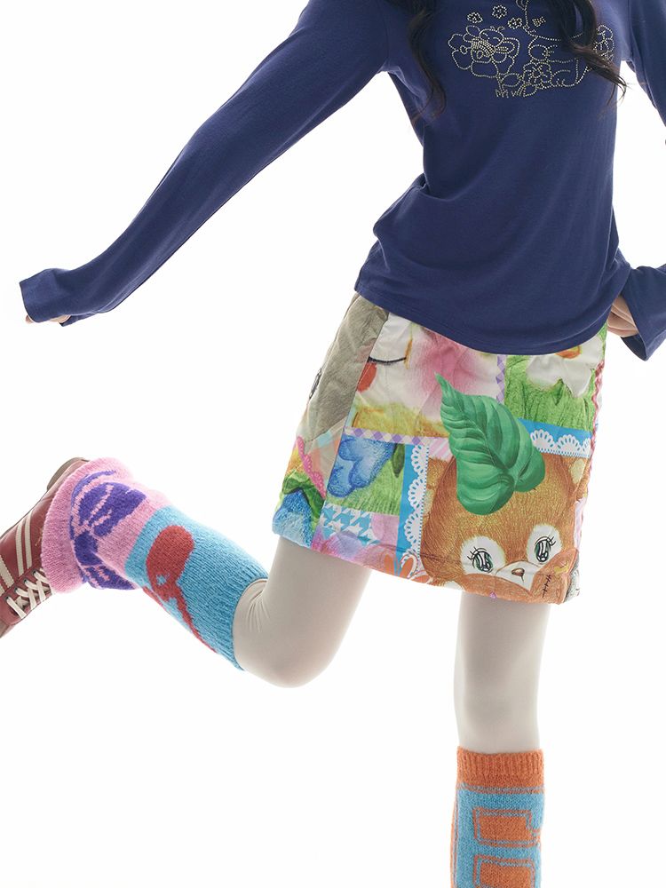 COLORFUL CHILDISH COLLAGE PRINTED HALF SKIRT [S0000010516]