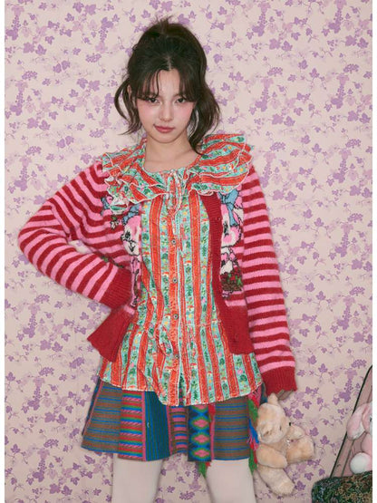 Red Green Stripe Lace Collar Shirt【s0000015368】