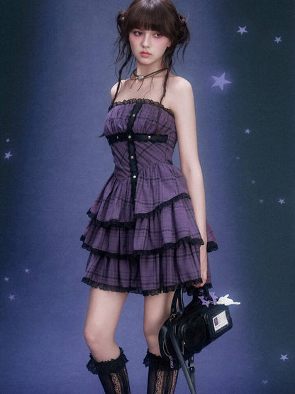 Purple Plaid Bandeau Cake Dress【s0000015757】