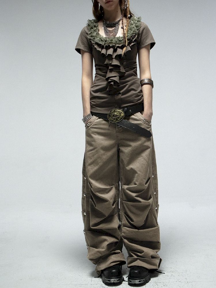 Pleated Studded Washed Cotton Trousers【s0000012211】