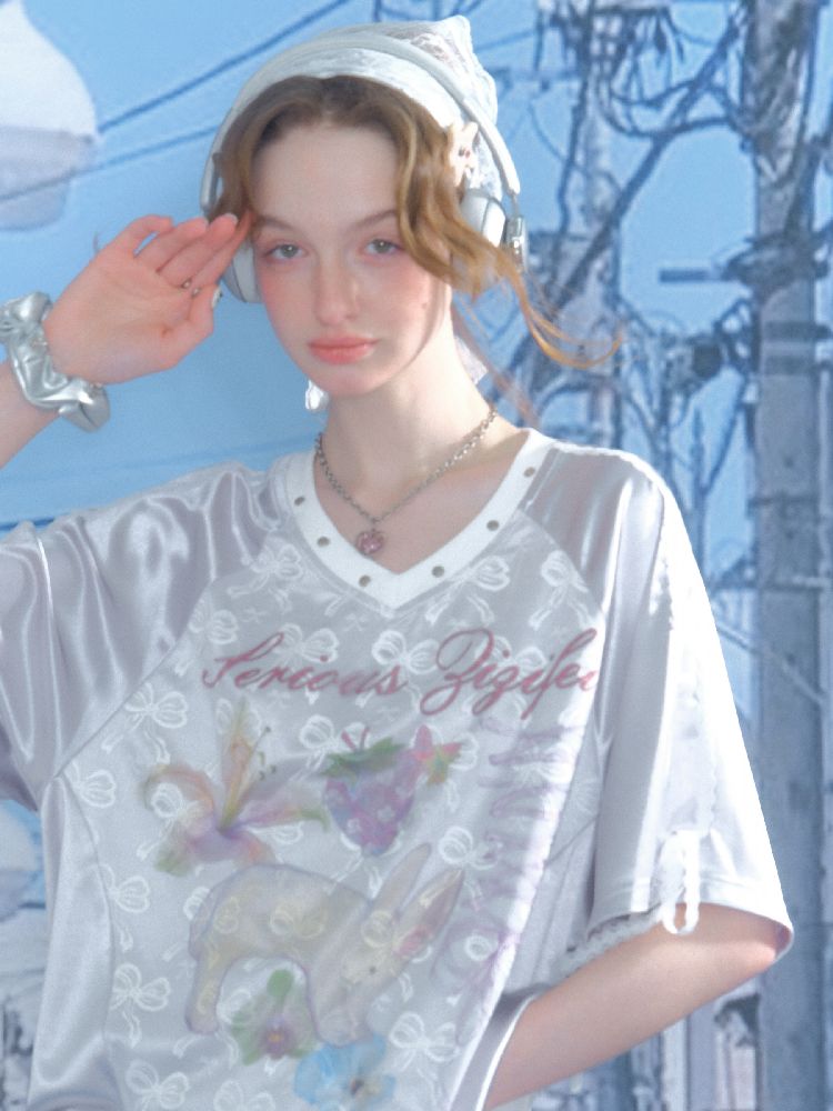 Lace Bow Gray Short Sleeve T-Shirt【s0000012245】