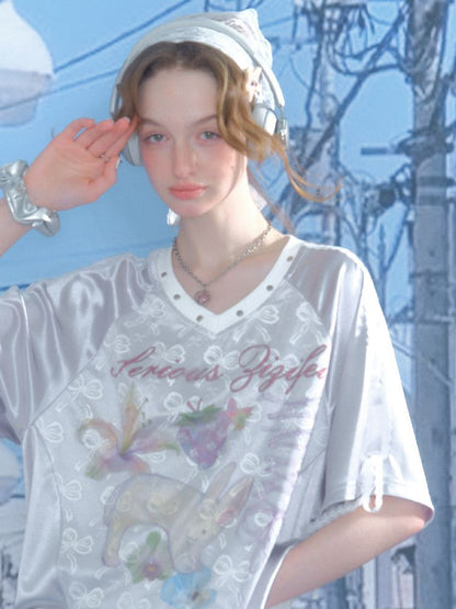 Lace Bow Gray Short Sleeve T-Shirt【s0000012245】