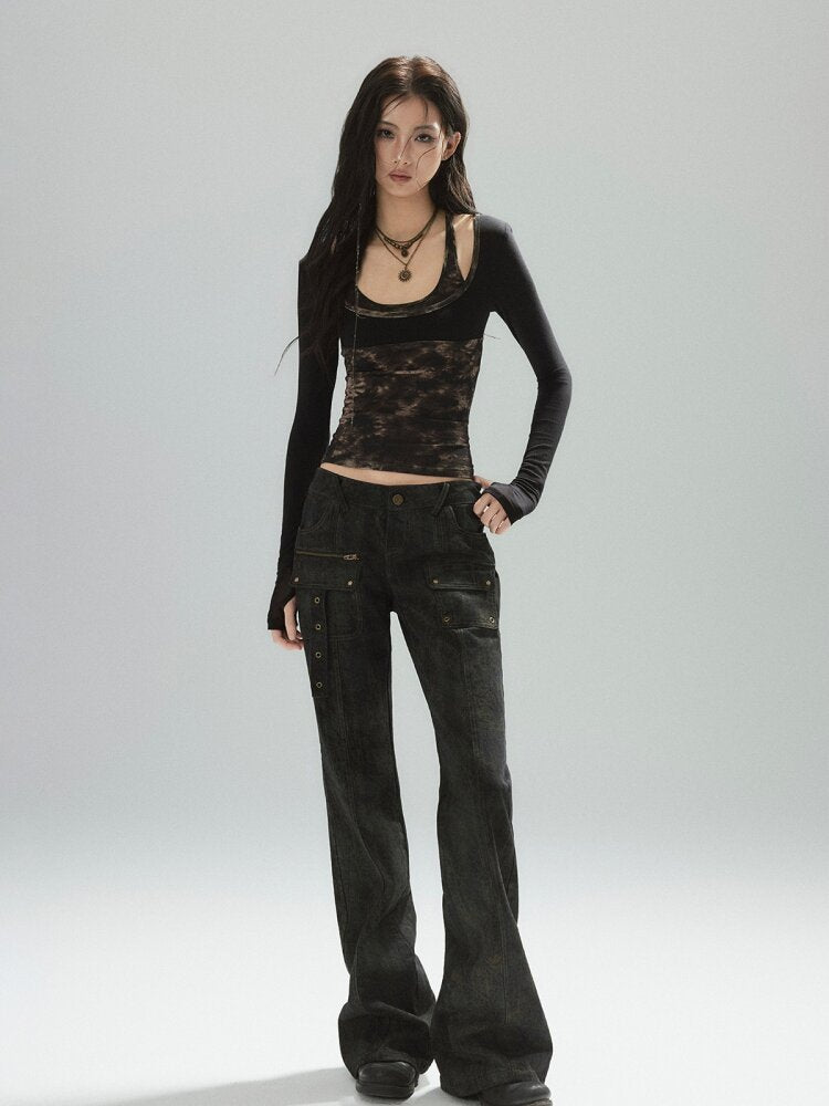 Color Cargo Flared Studded Jeans【s0000015609】