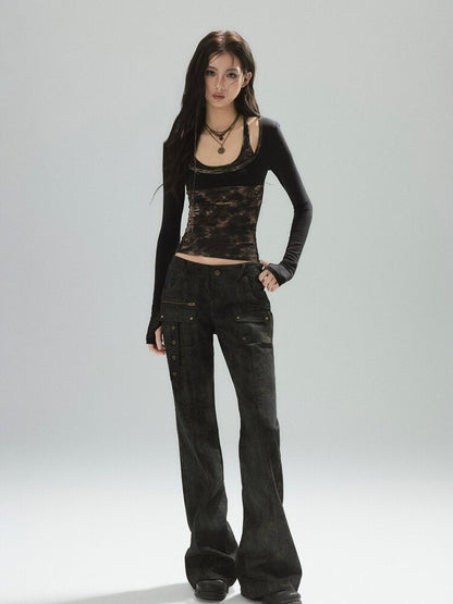 Color Cargo Flared Studded Jeans【s0000015609】