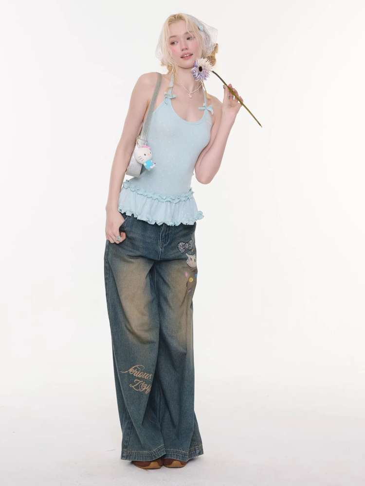 Cat Printed Straight Wide Jeans【s0000015431】