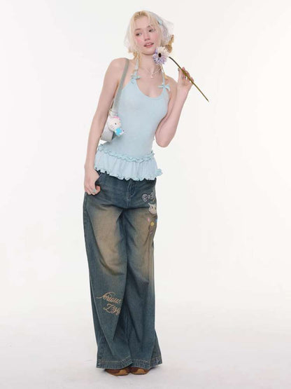 Cat Printed Straight Wide Jeans【s0000015431】