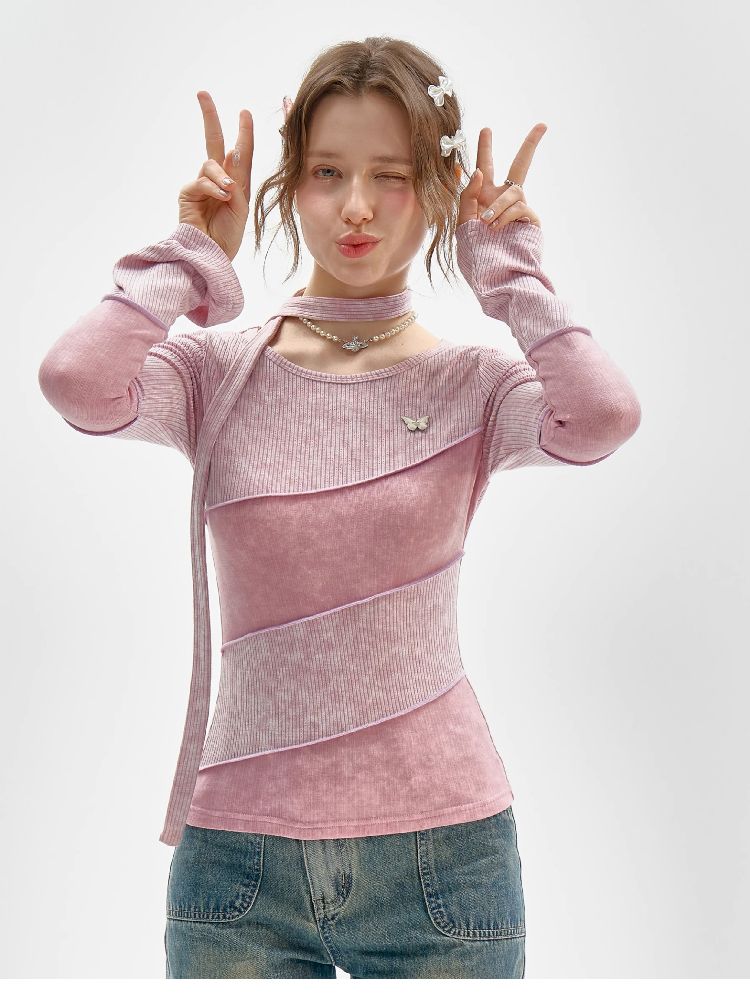 Splicing Collar Long Sleeve T-Shirt【s0000011518】