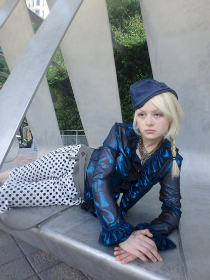 Metallic-colored broken polarized blue mesh cardigan【s0000013178】