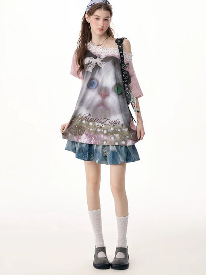 Lace Patchwork Cat Print Loose T【s0000017316】