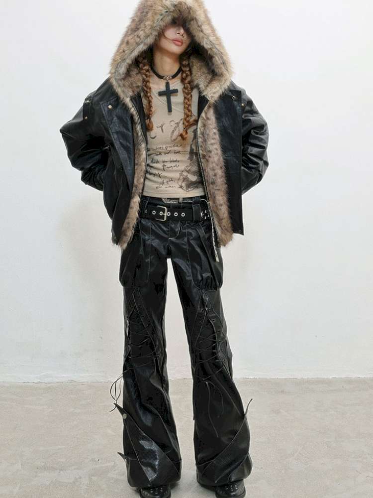 Fur Patchwork Flight Leather Jacket【s0000014838】