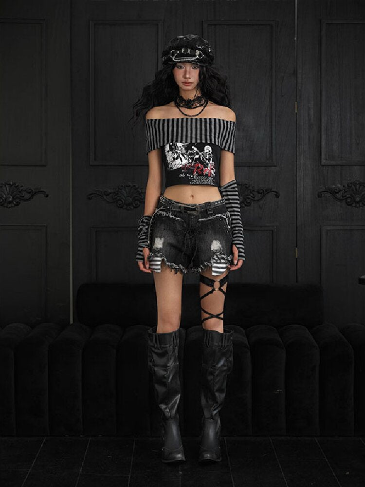 Off Shoulder Punk Printed T Shirt Set【s0000018177】