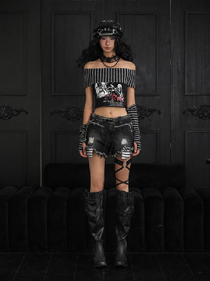 Off Shoulder Punk Printed T Shirt Set【s0000018177】