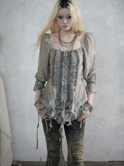 Court Acetate Puff Sleeve Top【s0000017991】