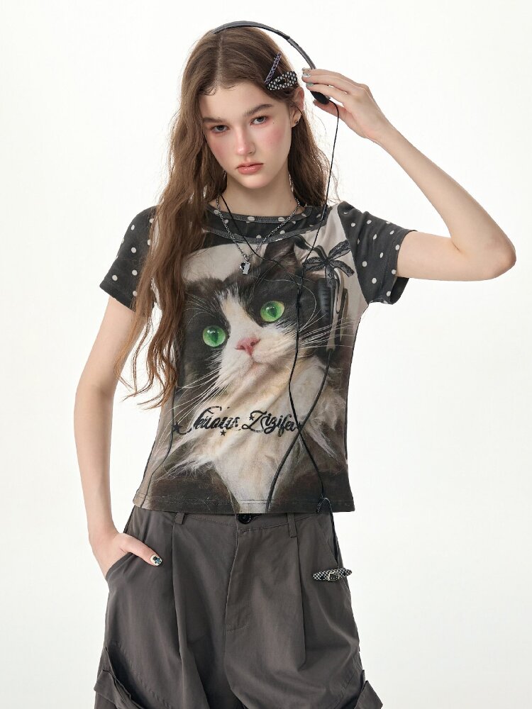 Vintage Polka Dot Cat Print T Shirt【s0000017312】