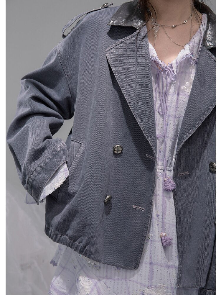 Ink Gray Leather Washed Denim Jacket【s0000015741】