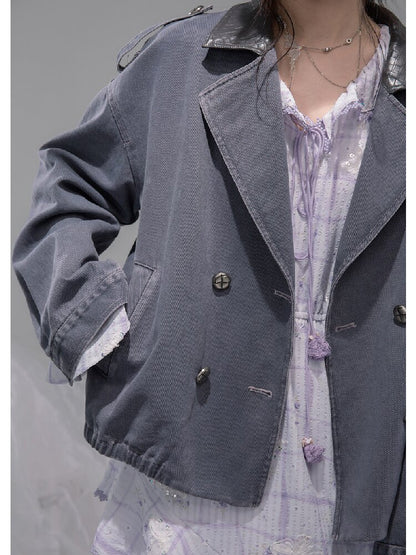 Ink Gray Leather Washed Denim Jacket【s0000015741】