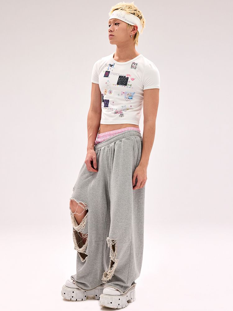 Fake Pants Slanting Ripped Sweatpants【s0000012179】