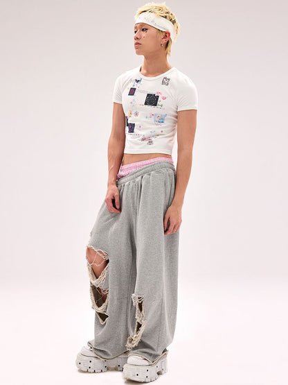 Fake Pants Slanting Ripped Sweatpants【s0000012179】