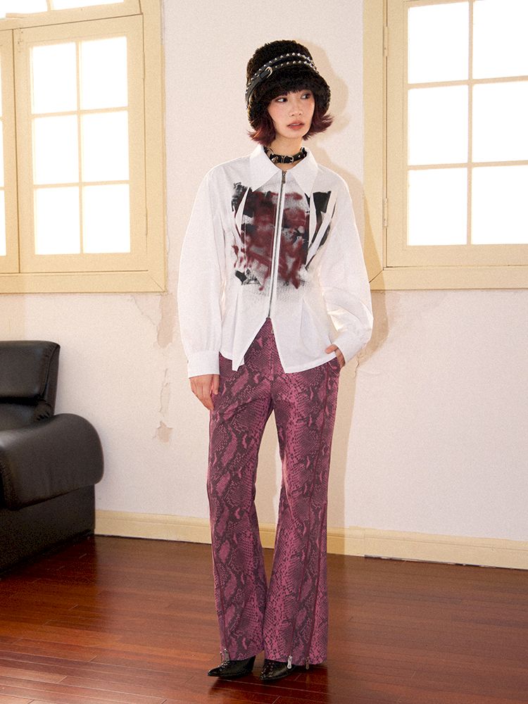 Drop Shoulder Waisted Printed Long Sleeve Shirt【s0000011641】