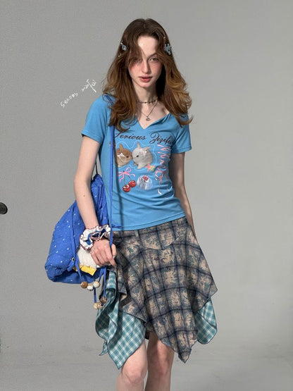 V-neck Rabbit Print Slim Thin Tops【s0000012252】