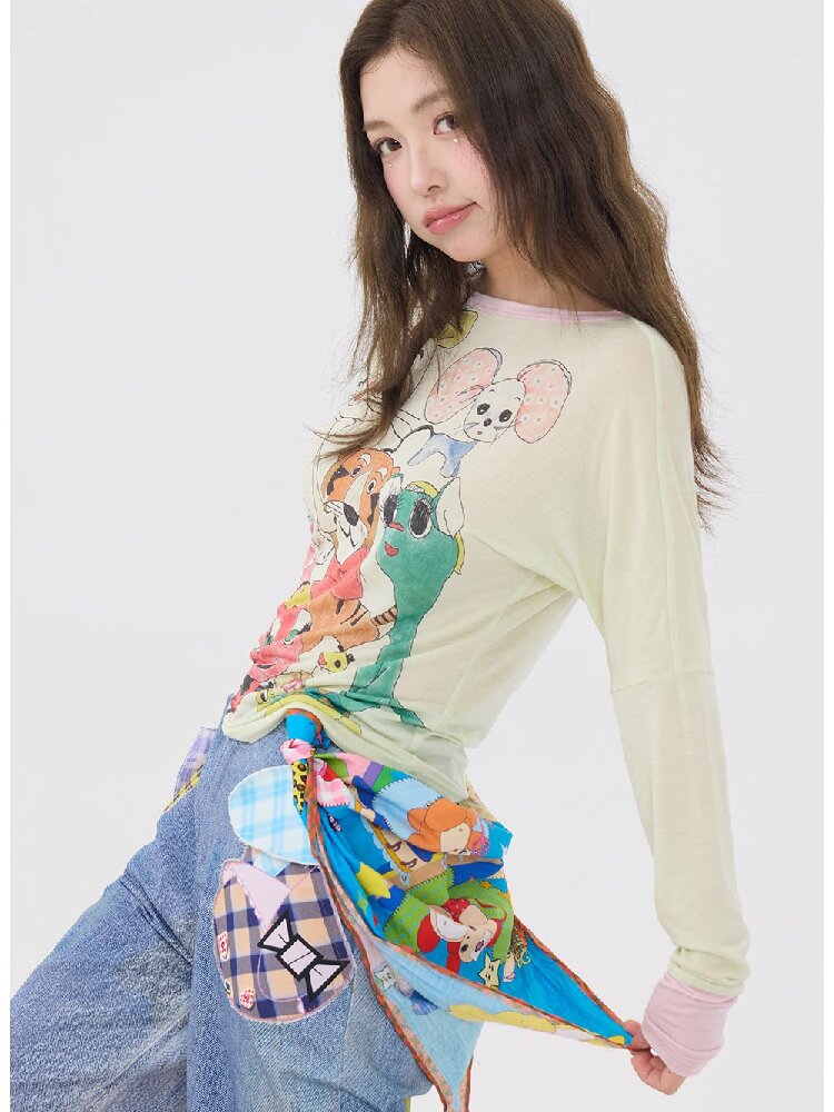 Blue Cartoon Printed Cotton Scarf【s0000016191】