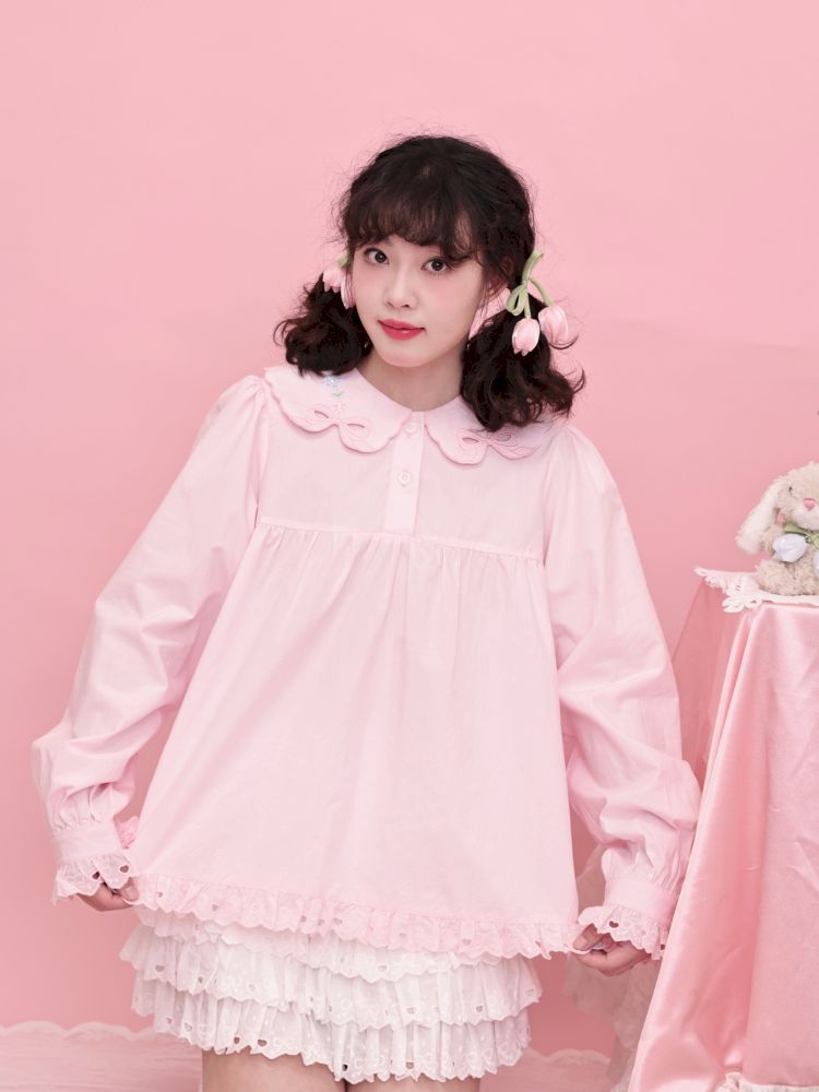 Doll Collar Zipper Neck Pink Lace Blouse【s0000013492】