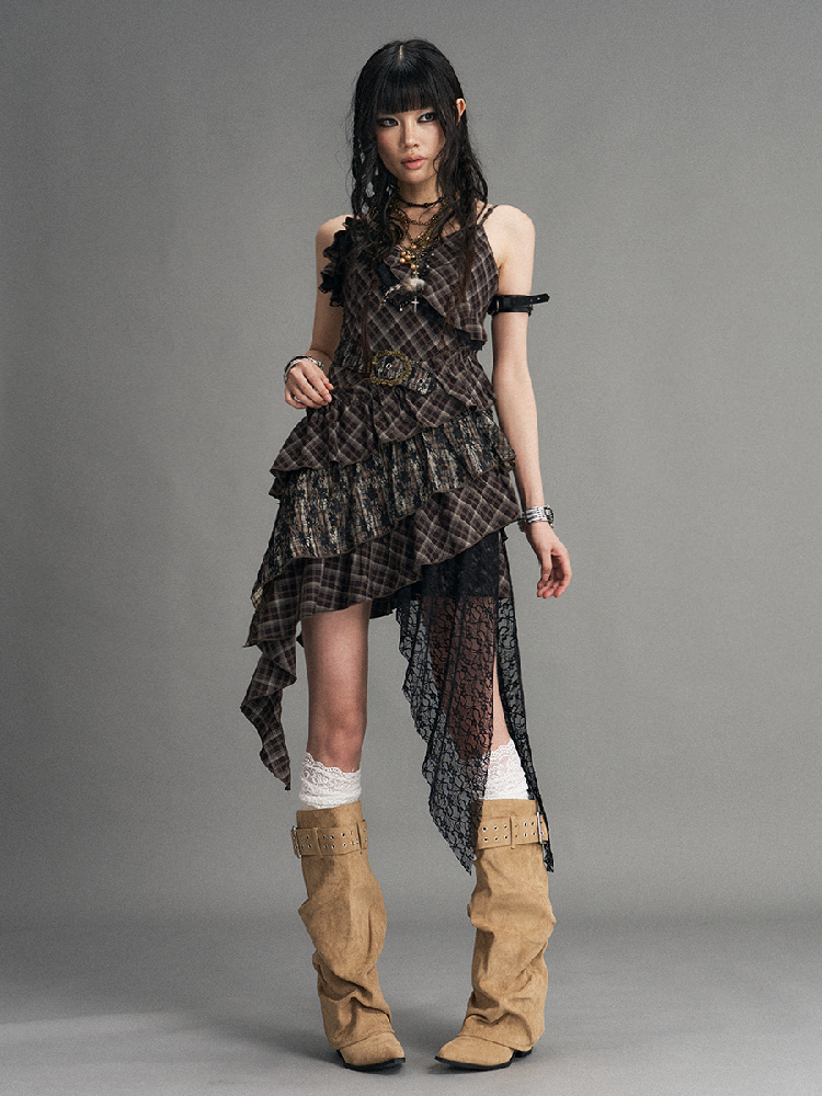 Vintage Patchwork Lace Plaid Dress【s0000017532】