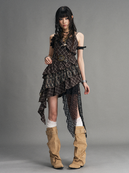 Vintage Patchwork Lace Plaid Dress【s0000017532】