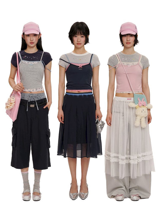 Lace satin bow short-sleeved T-shirt【s0000012504】