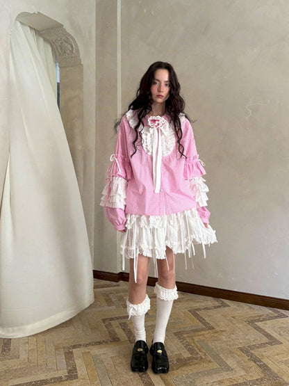 Pink checkered lace trim long-sleeved shirt【s0000012761】