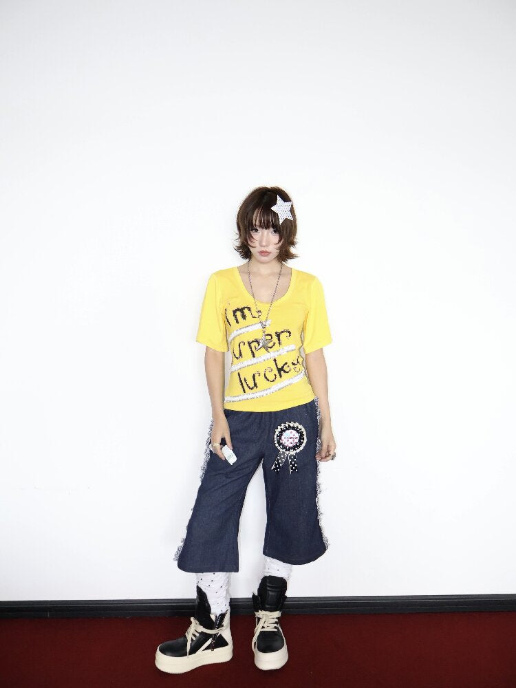 Lucky Slogan Lace Print U-Neck Top【s0000018686】