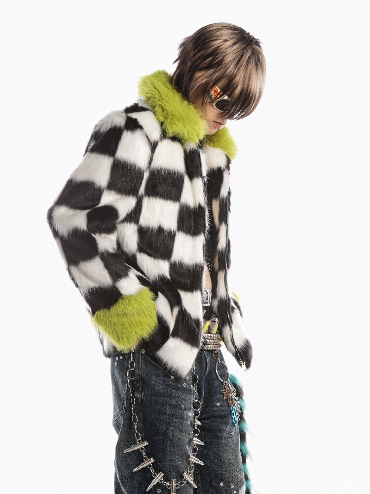 Checkerboard Patchwork Faux Coat【s0000019278】