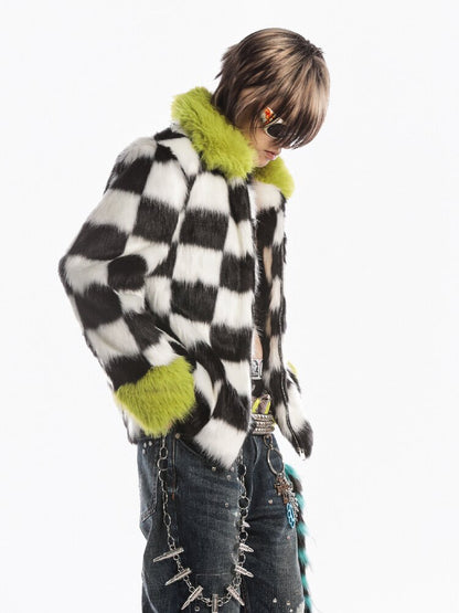Checkerboard Patchwork Faux Coat【s0000019278】