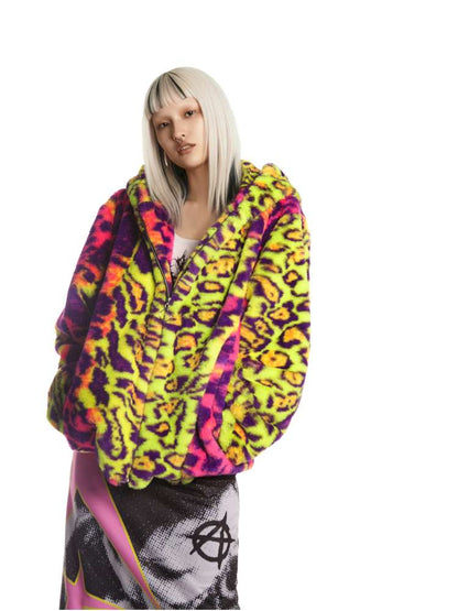 Fluorescent Neon Leopard Print Fur Hooded Jacket【s0000014912】