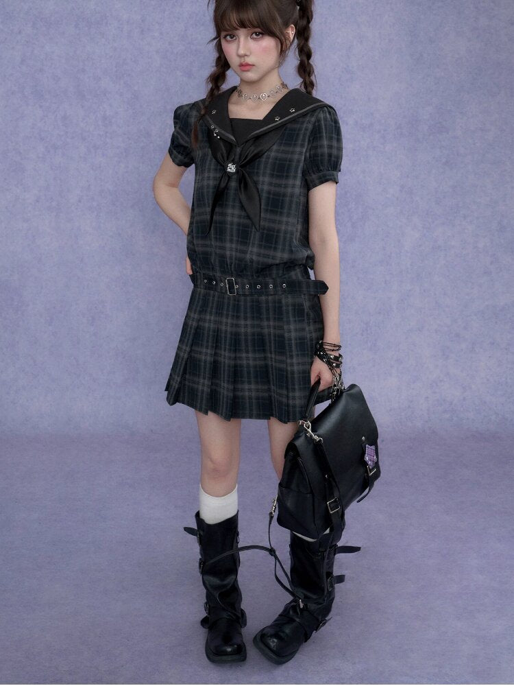 Street Academy Plaid Sailor Collar Dress【s0000017287】