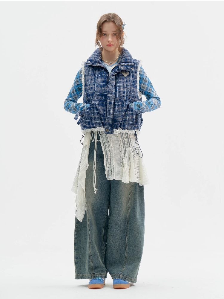 Checkered Splicing Lace Cotton Vest【s0000011504】