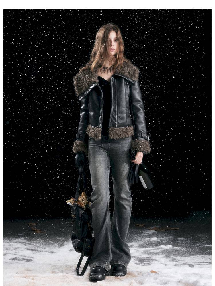 Leather-Trimmed Patchwork Pleated Jeans【s0000014424】